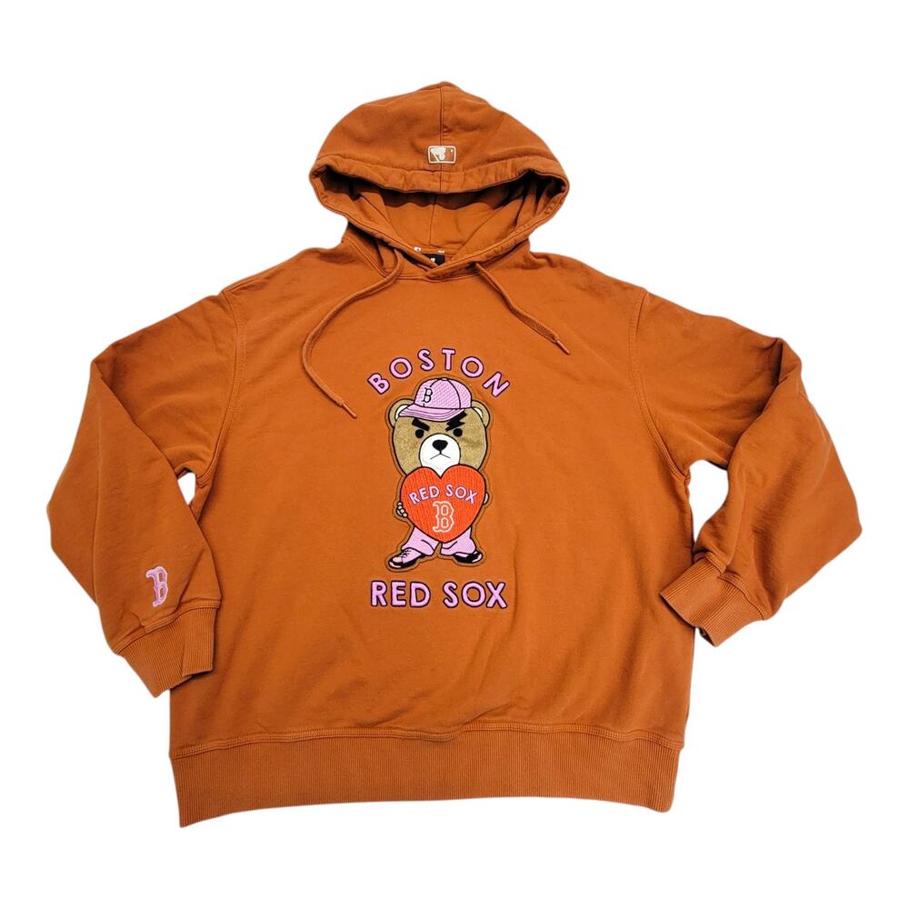 MLB Boston Red Sox Bear Graphic Hoodie Orange Pullover Sweatshirt Mens XL